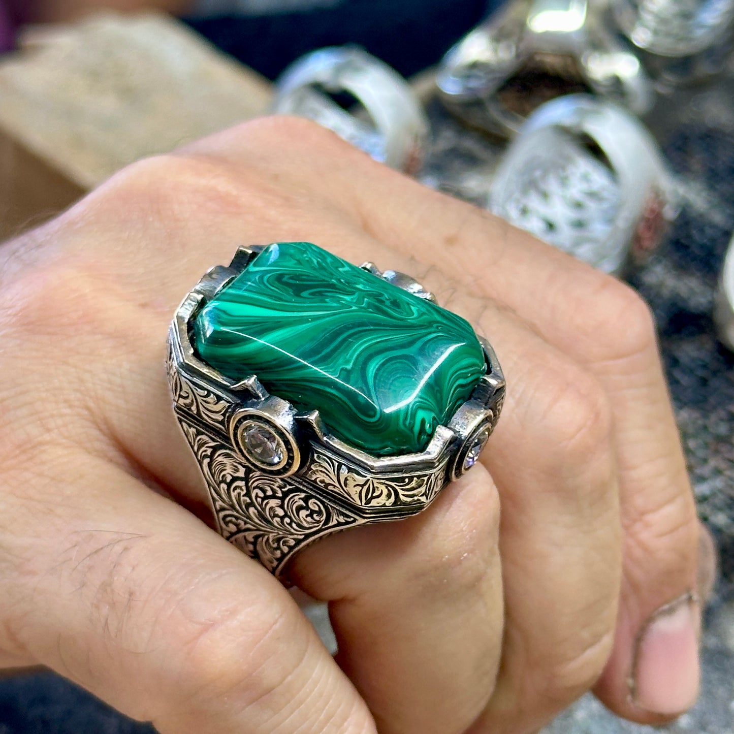 925 Men Silver Large Natural Malachite Gemstone Ring