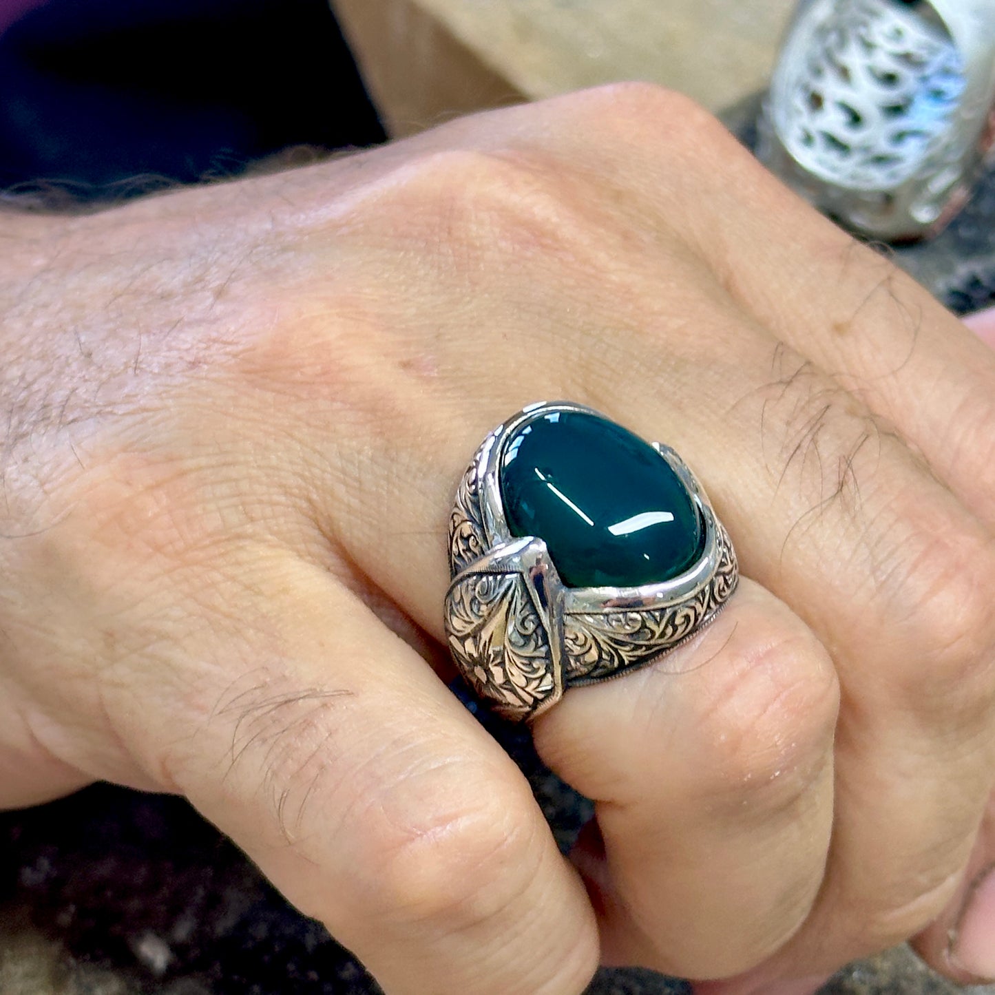 Men Silver Engraved Green Agate Ring