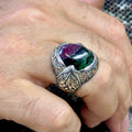 Men Silver Natural Tourmaline Gemstone Engraved Ring