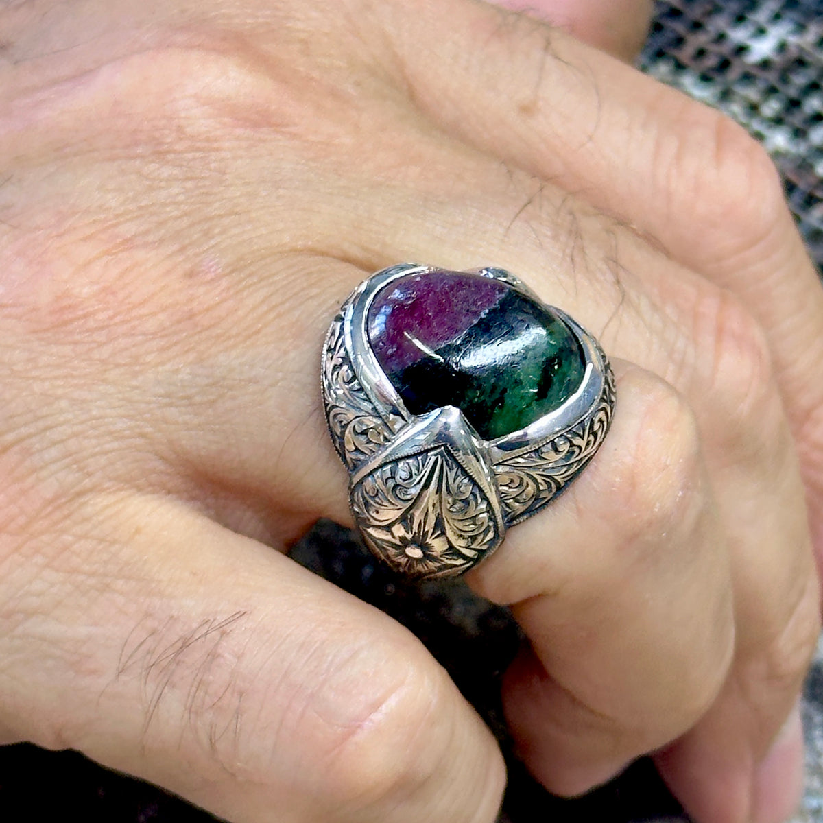 Men Silver Natural Tourmaline Gemstone Engraved Ring