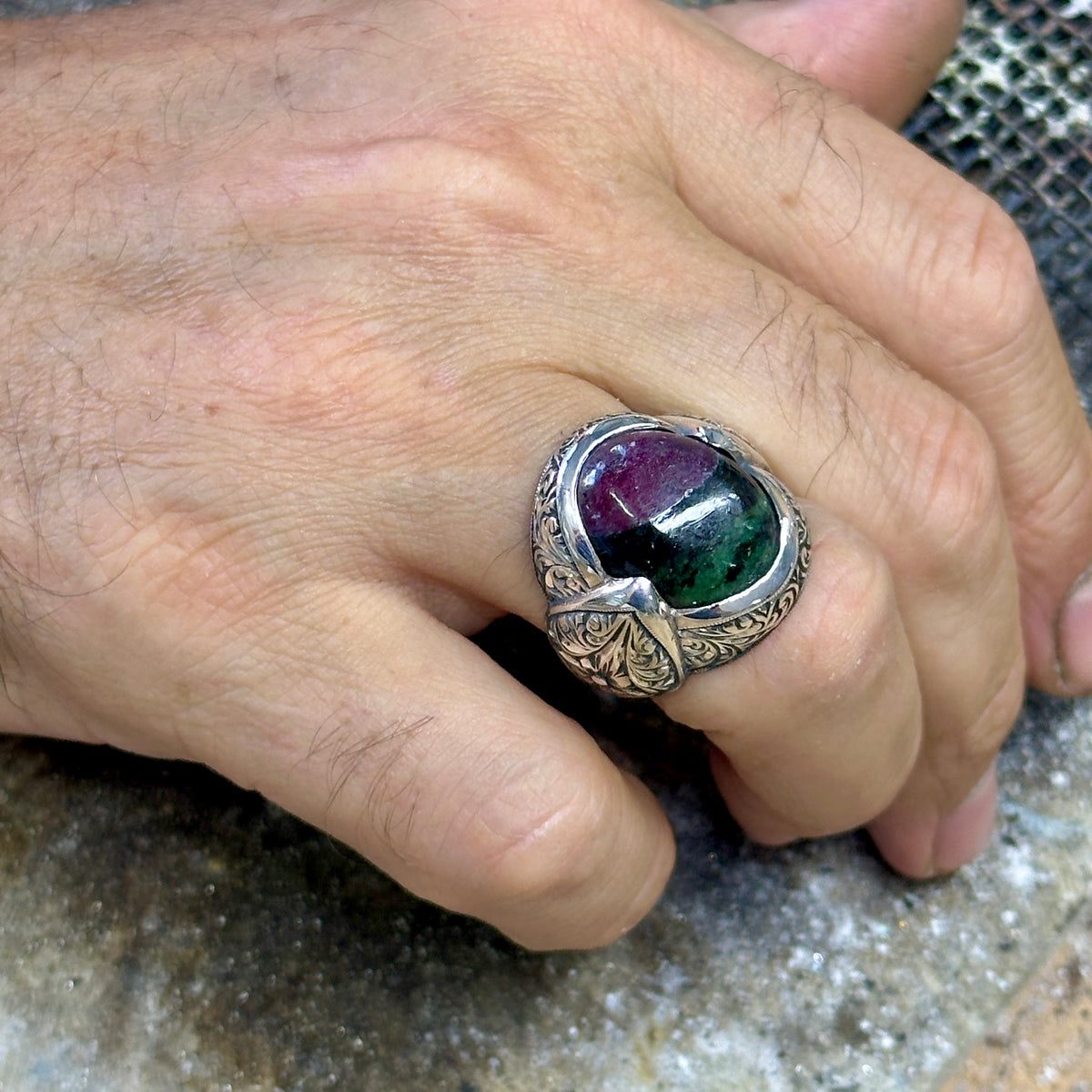 Men Silver Natural Tourmaline Gemstone Engraved Ring