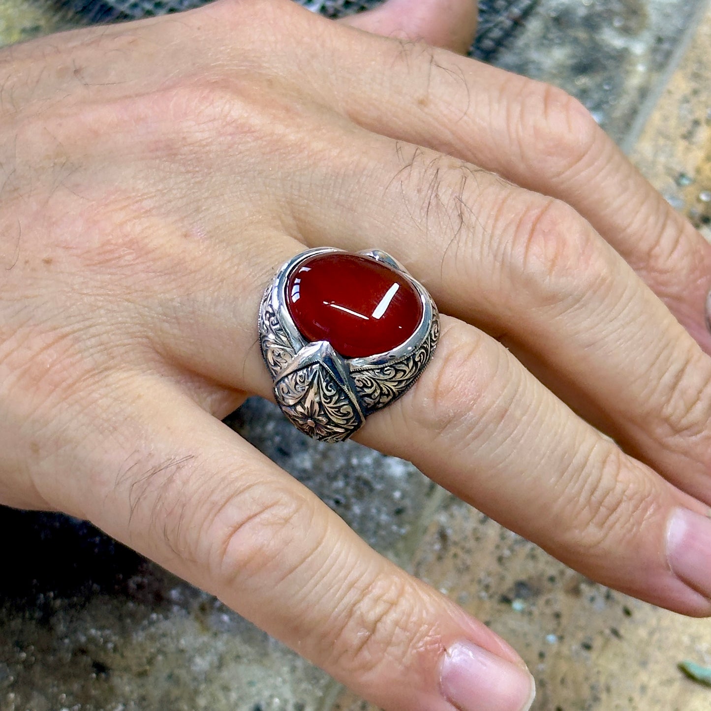 Men Silver Natural Red Agate Aqeeq Gemstone Ring