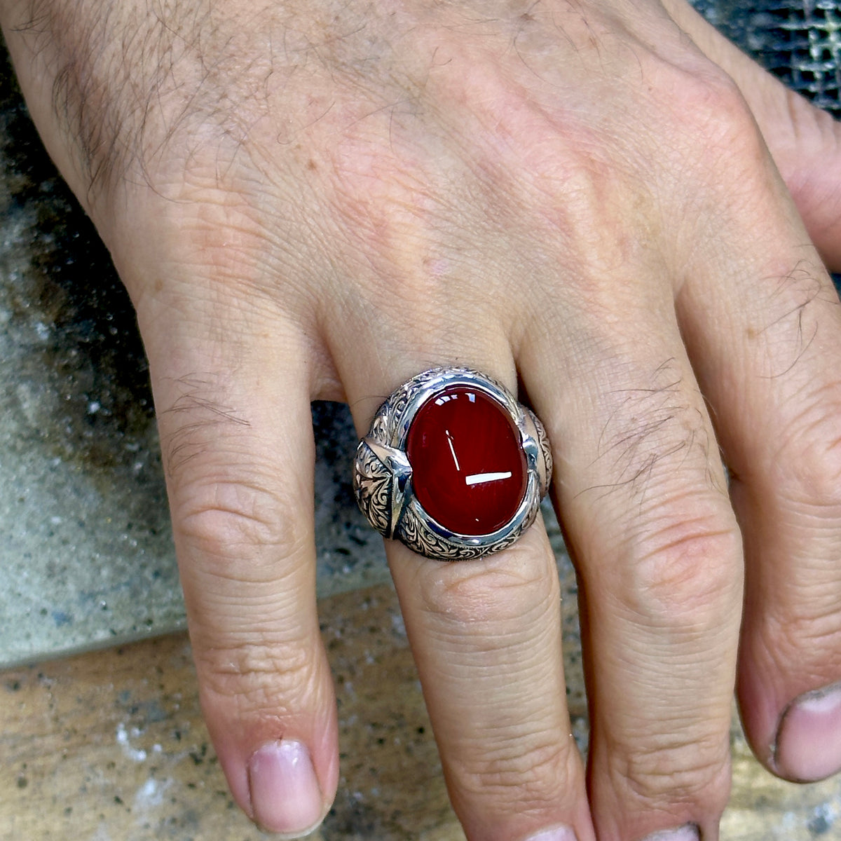 Men Silver Natural Red Agate Aqeeq Gemstone Ring