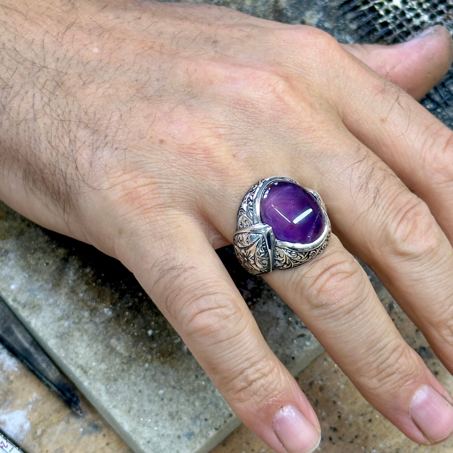 Men Silver Natural Amethyst Gemstone Engraved Ring