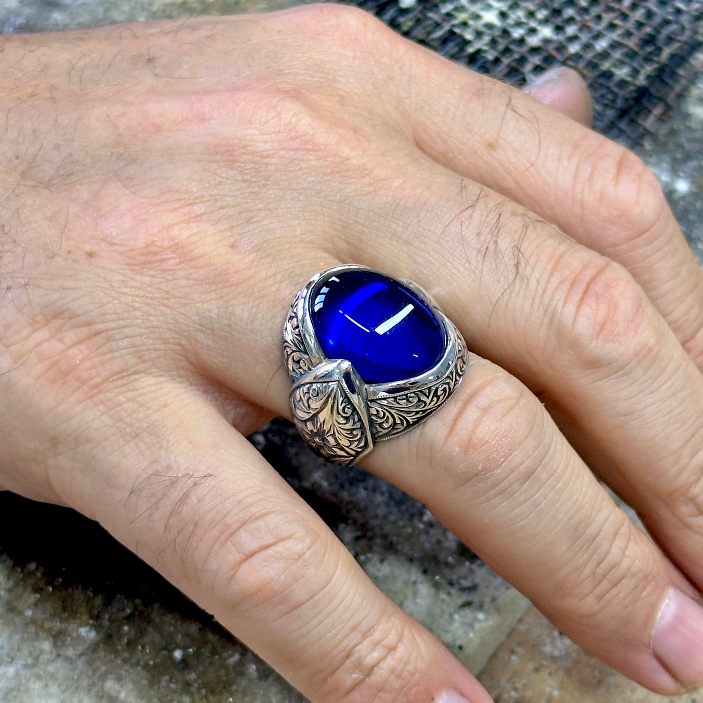 Men Silver Engraved Sapphire Gemstone Ottoman Style Ring