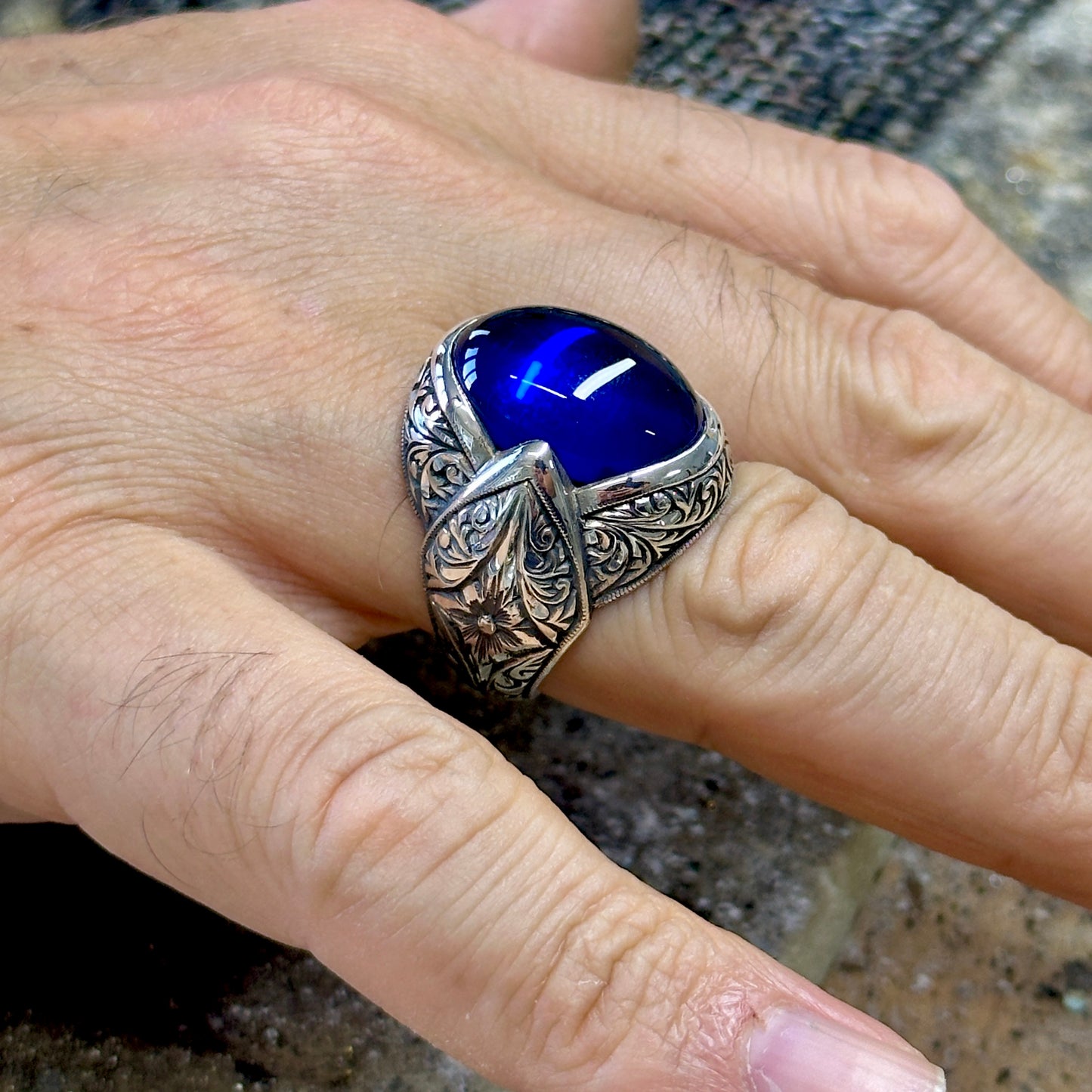 Men Silver Engraved Sapphire Gemstone Ottoman Style Ring