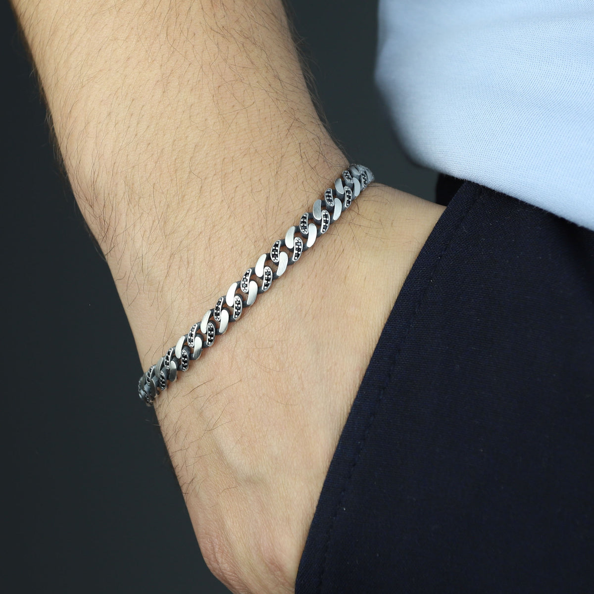 925 Sterling Silver Black Onyx Cuban Chain Bracelet for Men – 7mm
