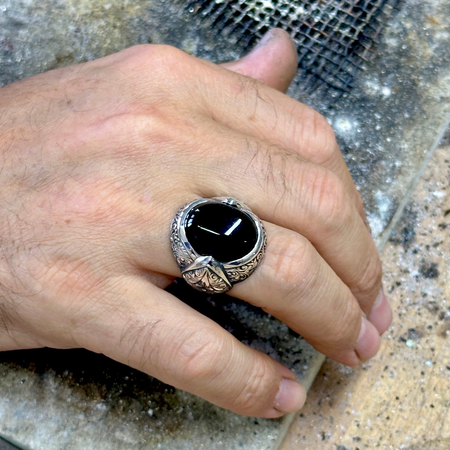 Men Silver Engraved Black Onyx Gemstone Handmade Ring