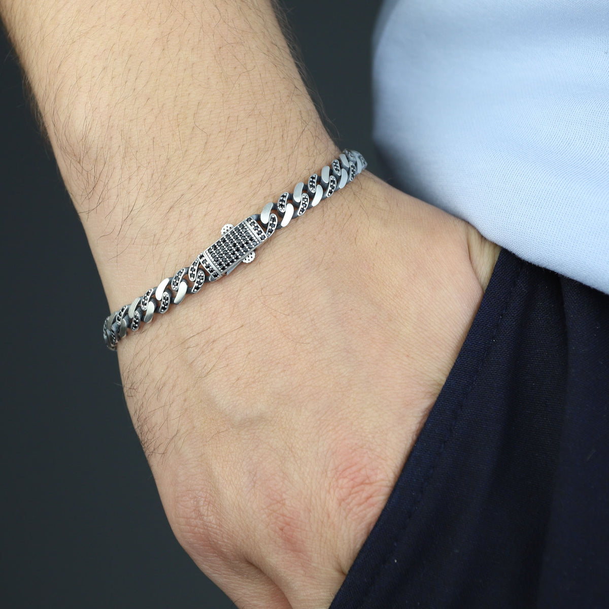 925 Sterling Silver Black Onyx Cuban Chain Bracelet for Men – 7mm