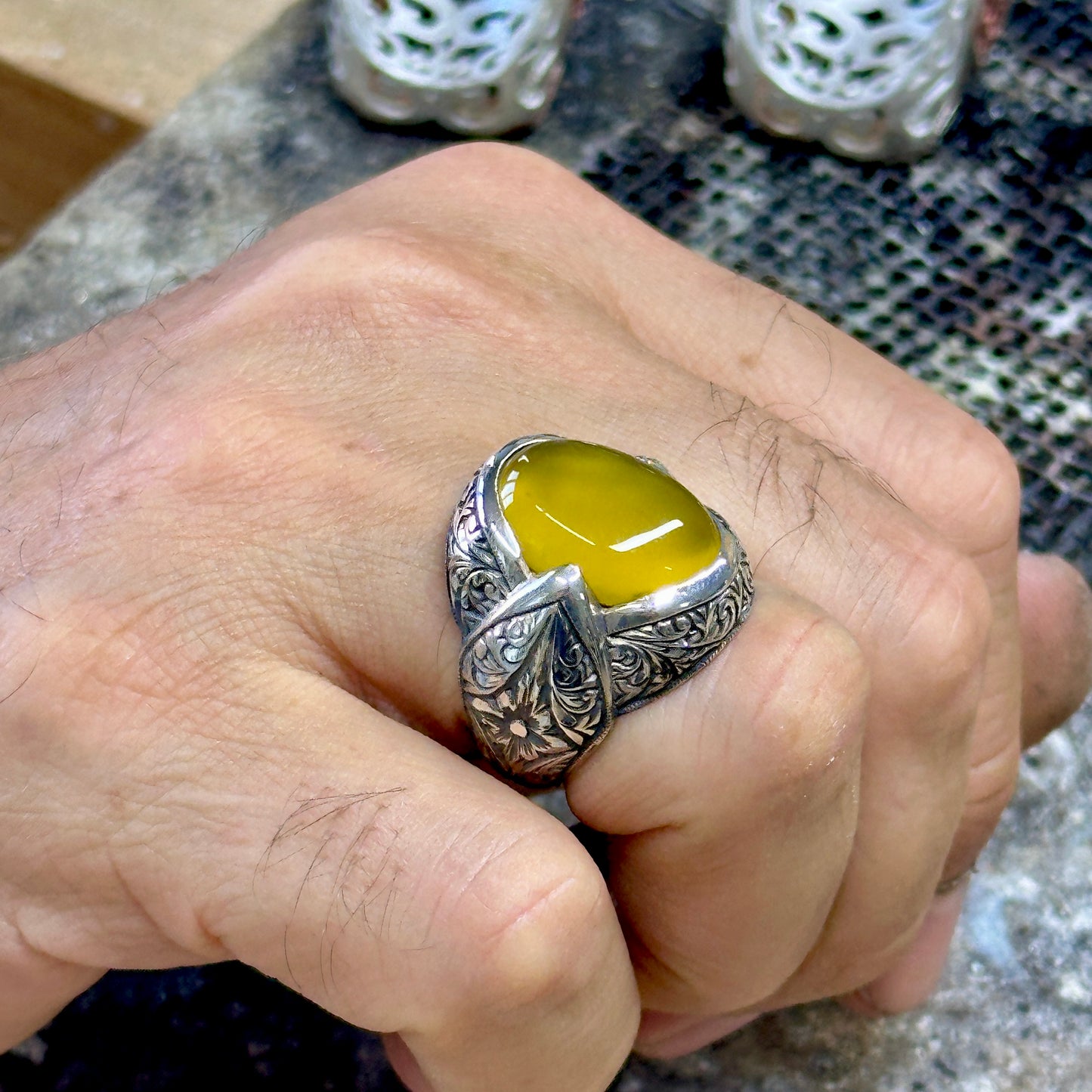 Men Silver Engraved Natural Yellow Agate Ring