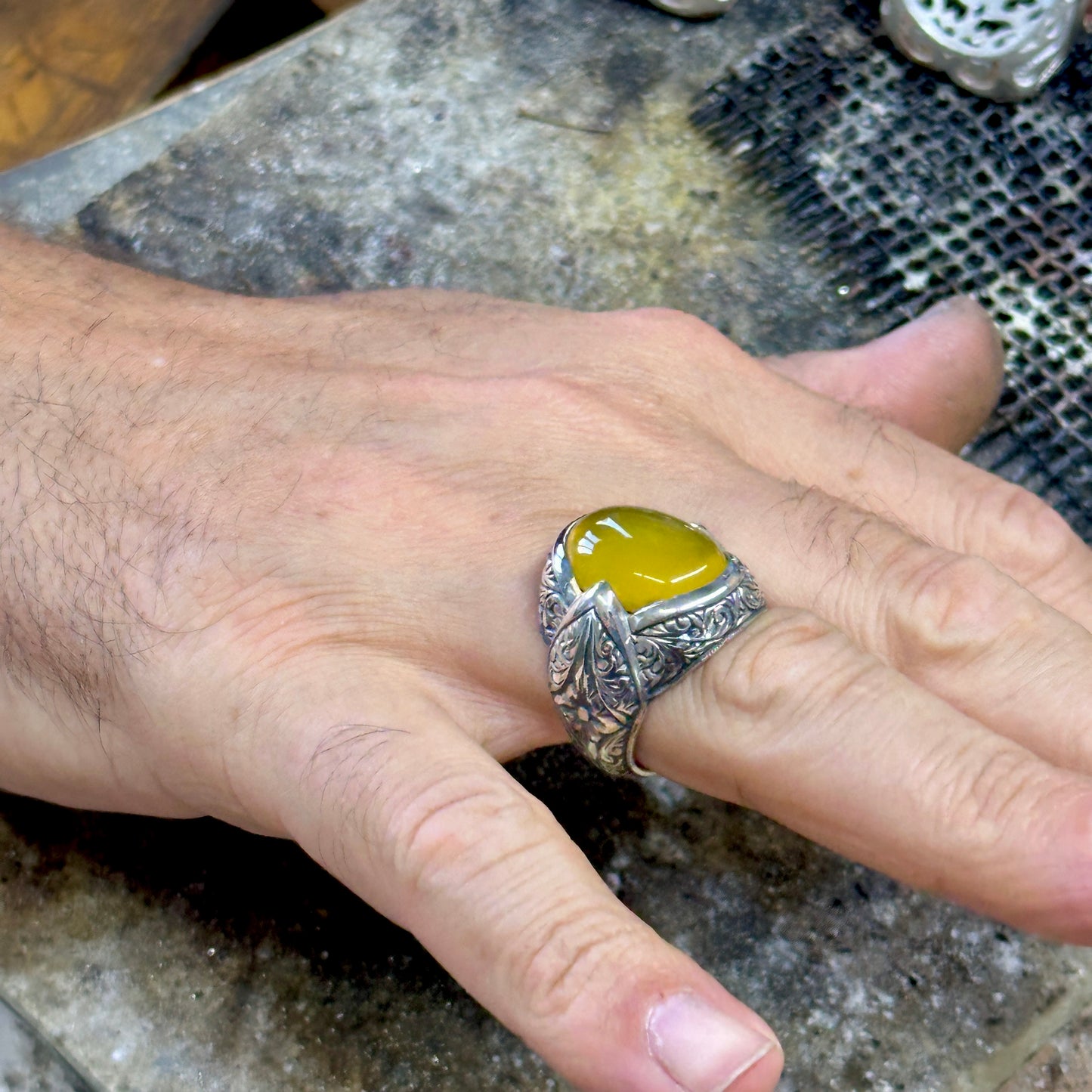 Men Silver Engraved Natural Yellow Agate Ring