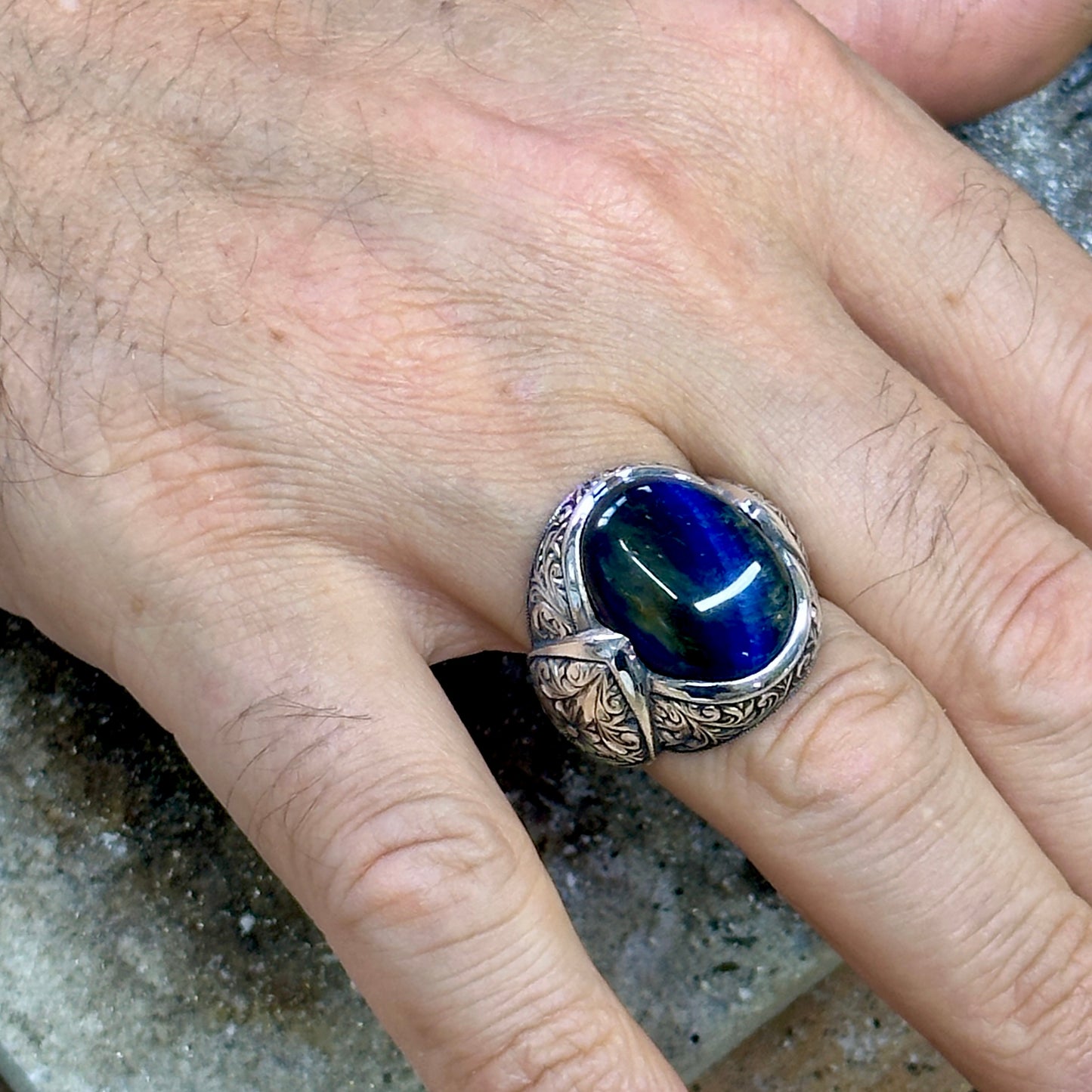 Men Silver Handmade Blue Tiger Eye Gemstone Ring