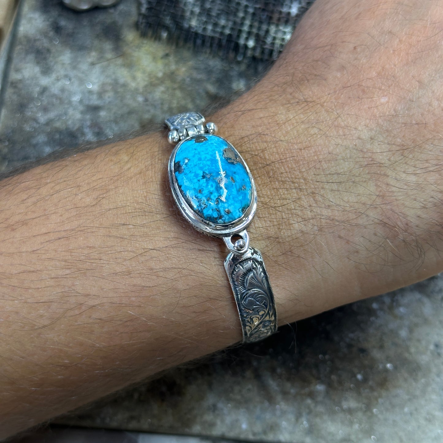 Silver Handmade Engraved Natural Turquoise Cuff Bracelet