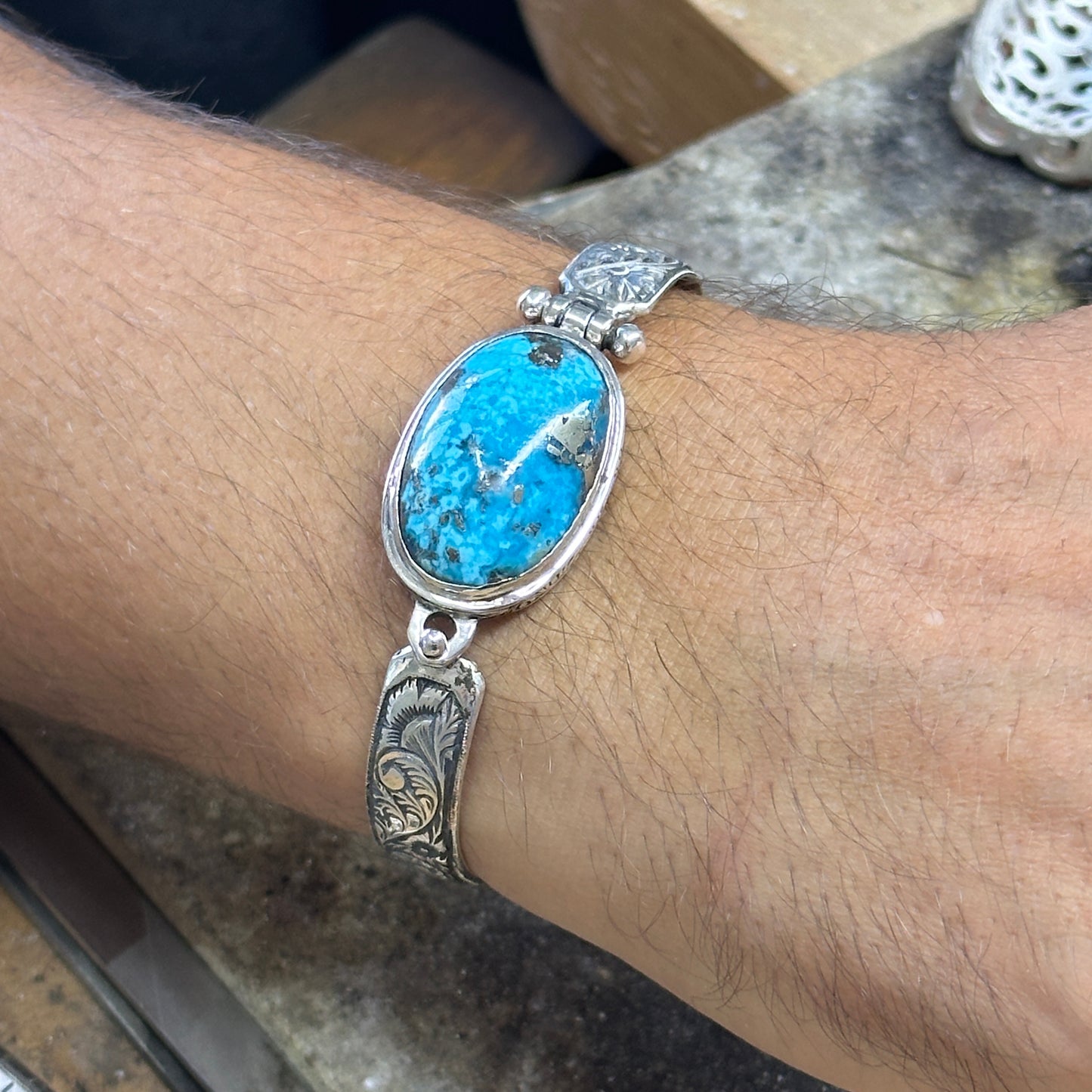 Silver Handmade Engraved Natural Turquoise Cuff Bracelet