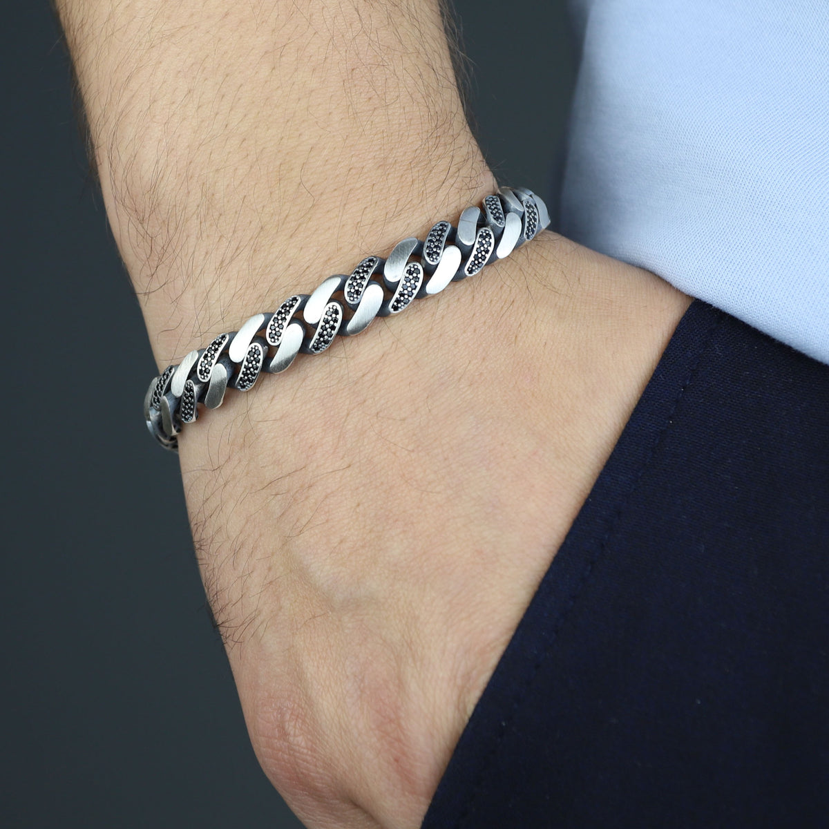 925 Sterling Silver 11mm Black CZ Cuban Bracelet for Men