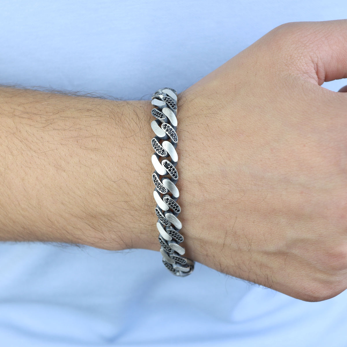 925 Sterling Silver 11mm Black CZ Cuban Bracelet for Men