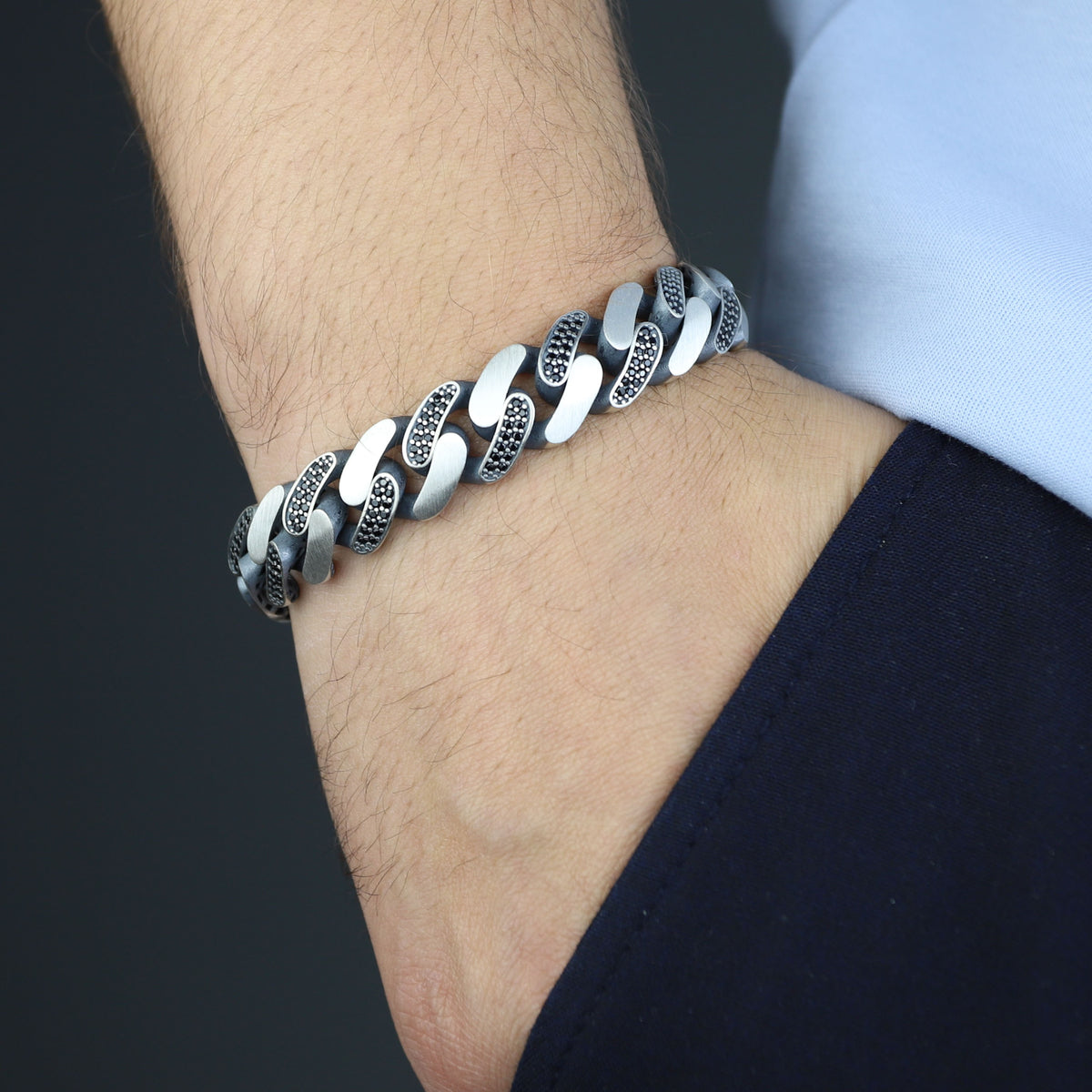 925 Sterling Silver 15mm Black Onyx Cuban Chain Bracelet for Men