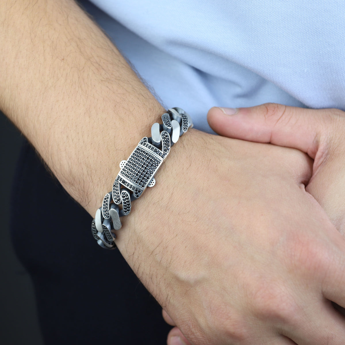 925 Sterling Silver 15mm Black Onyx Cuban Chain Bracelet for Men