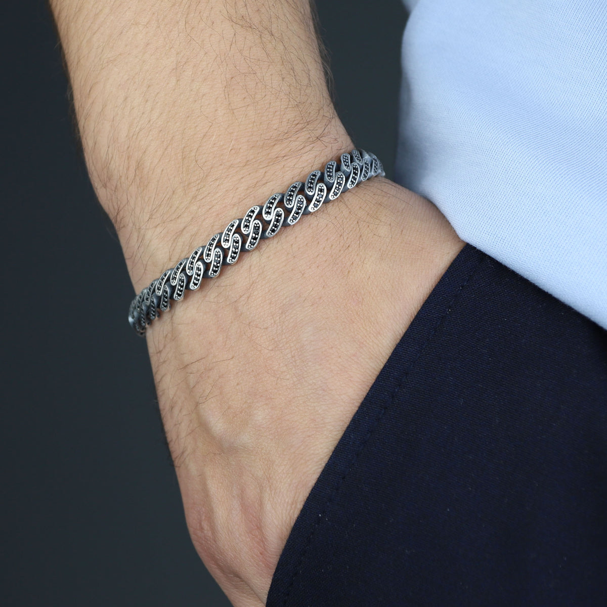 925 Sterling Silver 9mm Black Onyx Cuban Link Bracelet for Men