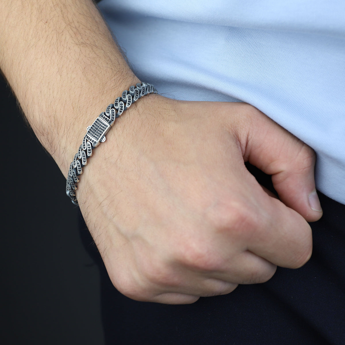 925 Sterling Silver 9mm Black Onyx Cuban Link Bracelet for Men