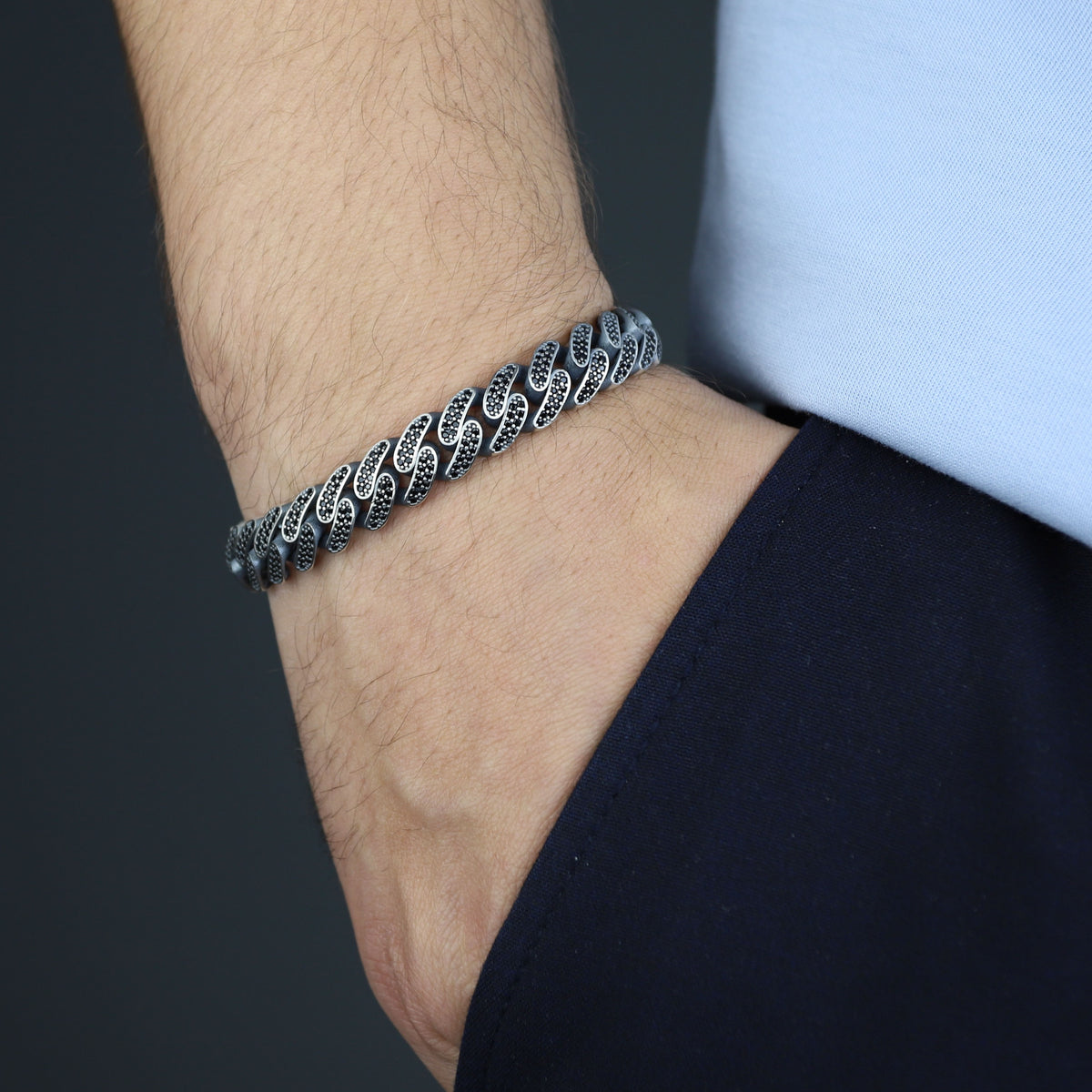 925 Sterling Silver 12mm Black CZ Cuban Chain Bracelet for Men