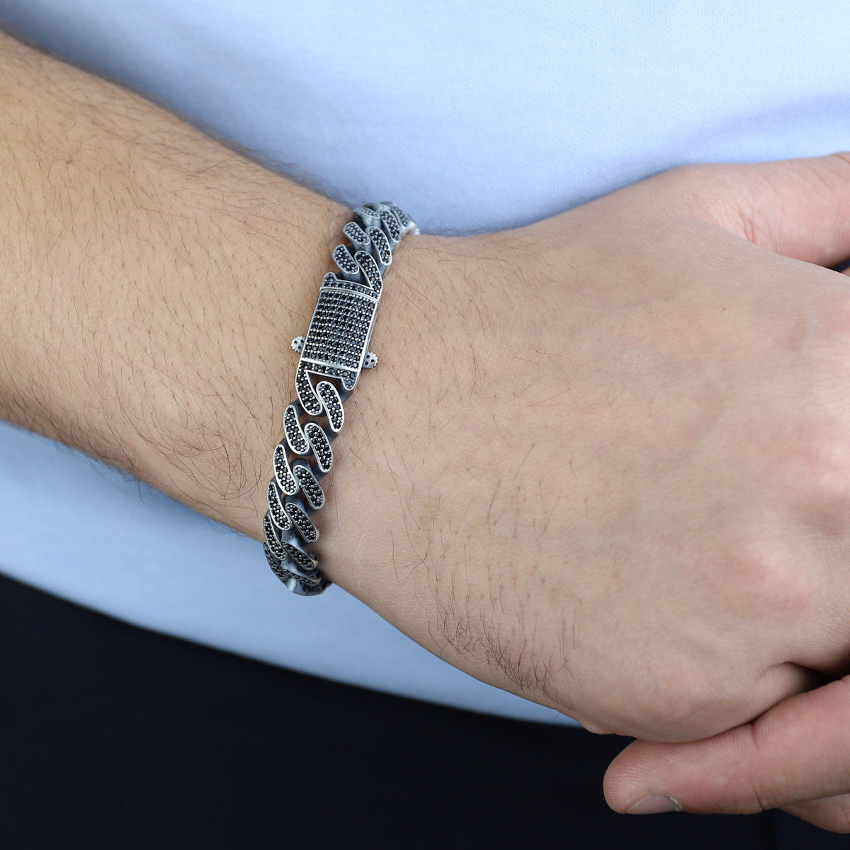 925 Sterling Silver 12mm Black CZ Cuban Chain Bracelet for Men