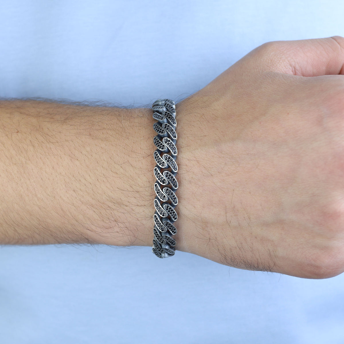 925 Sterling Silver 12mm Black CZ Cuban Chain Bracelet for Men