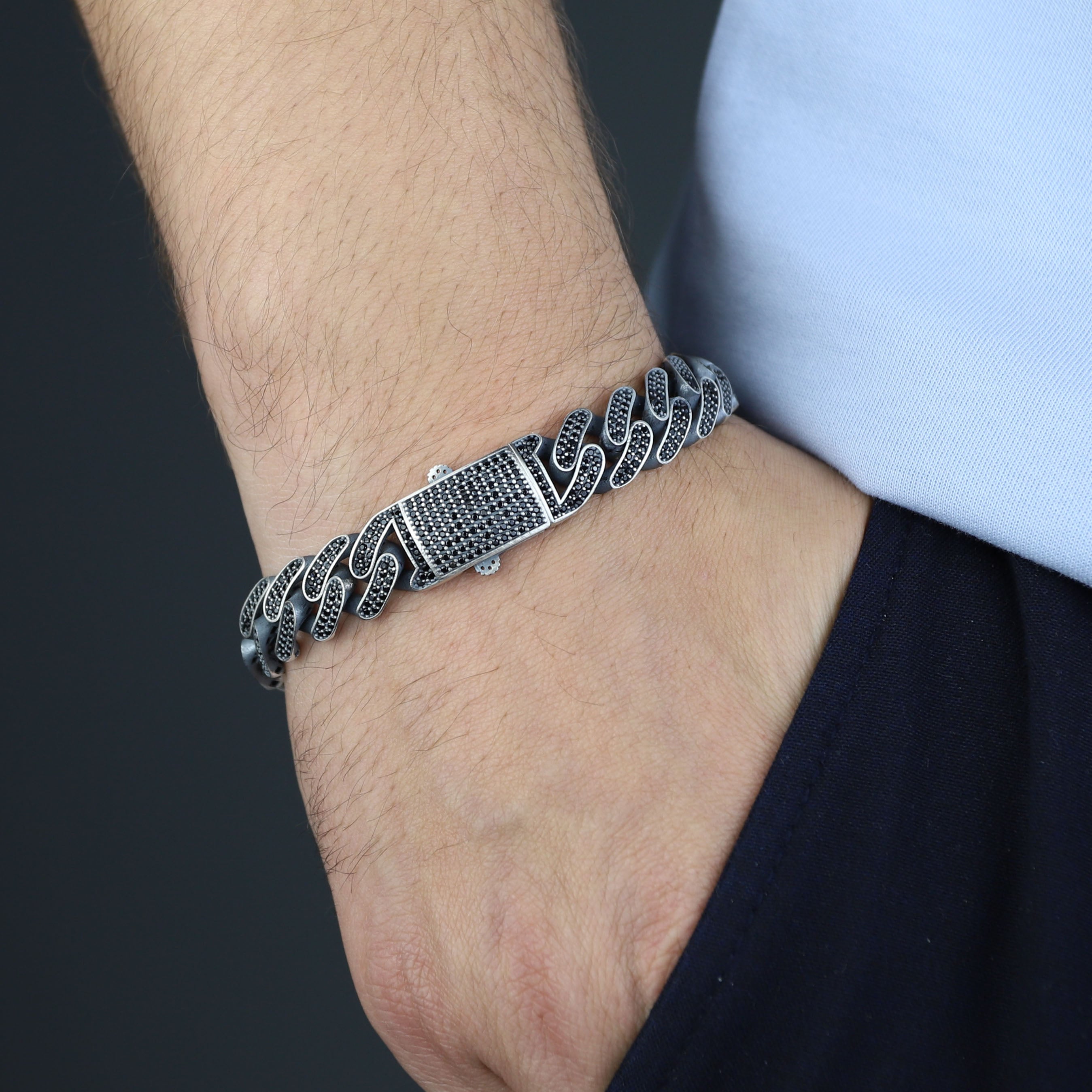 925 Sterling Silver 13mm Black Onyx Cuban Chain Bracelet for Men