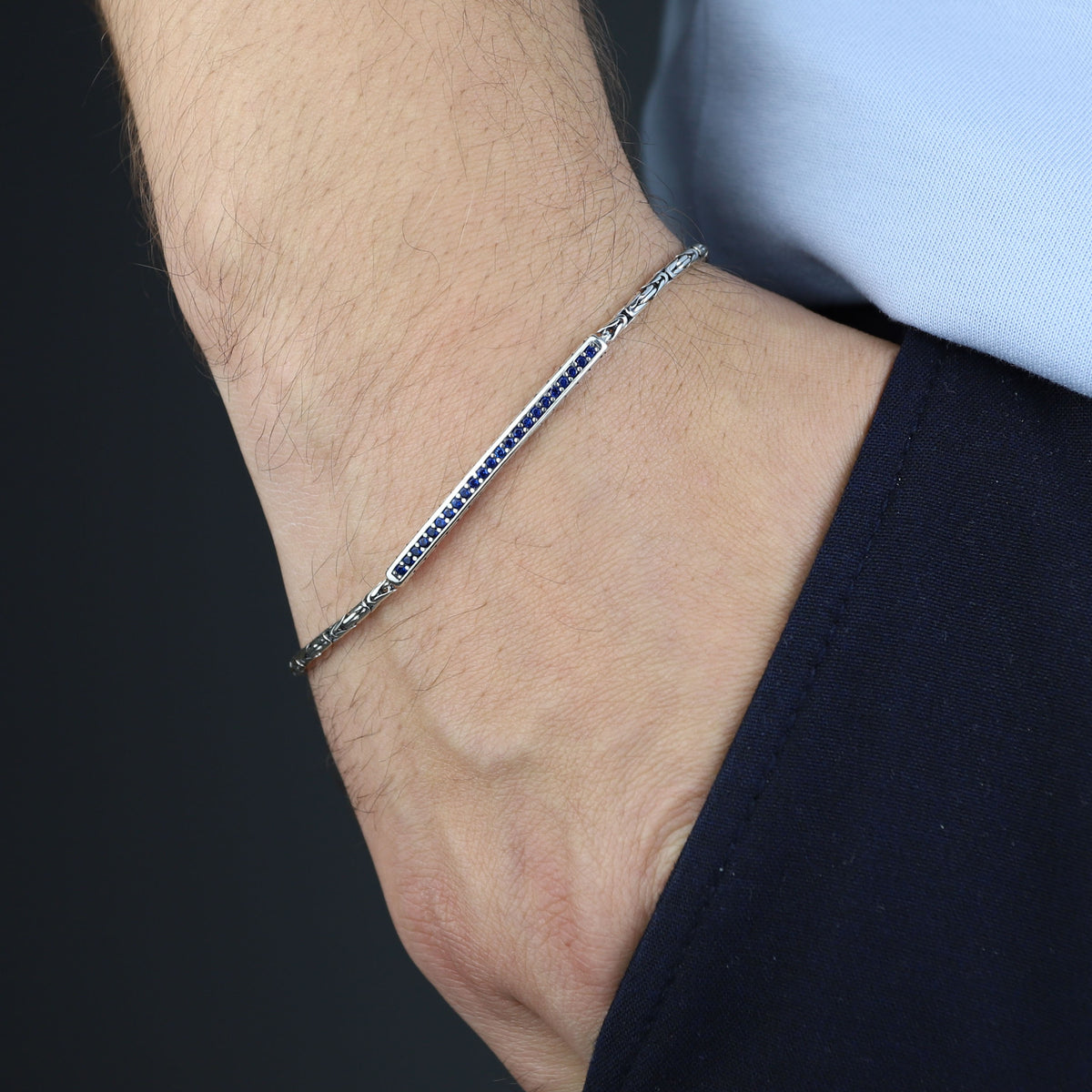 925 Sterling Silver Byzantine Sapphire Gemstone Bracelet for Men
