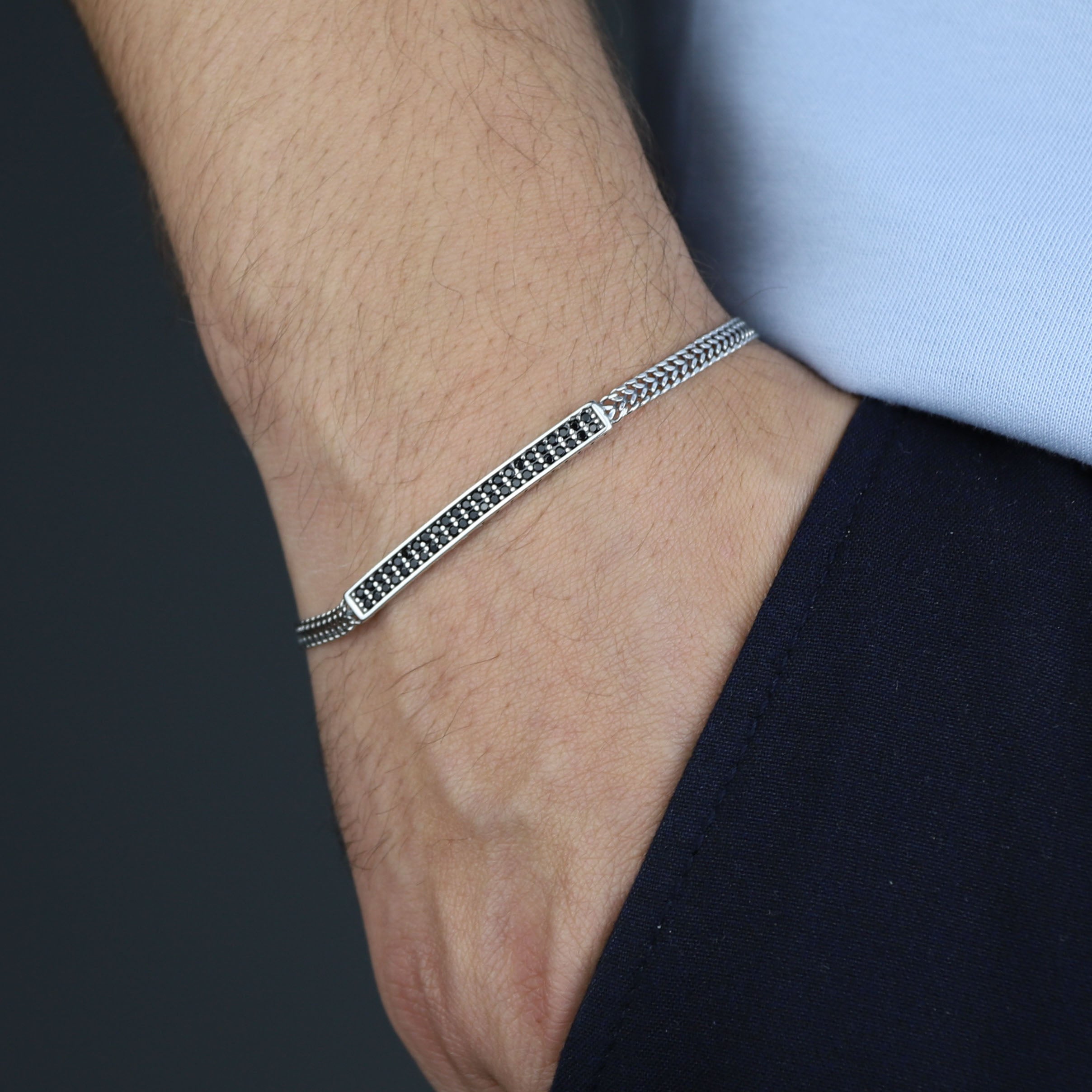 925 Sterling Silver Black Onyx CZ Bracelet for Men