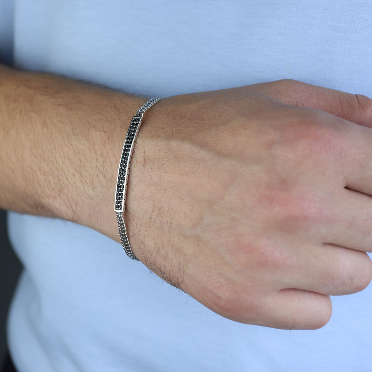 925 Sterling Silver Black Onyx CZ Bracelet for Men