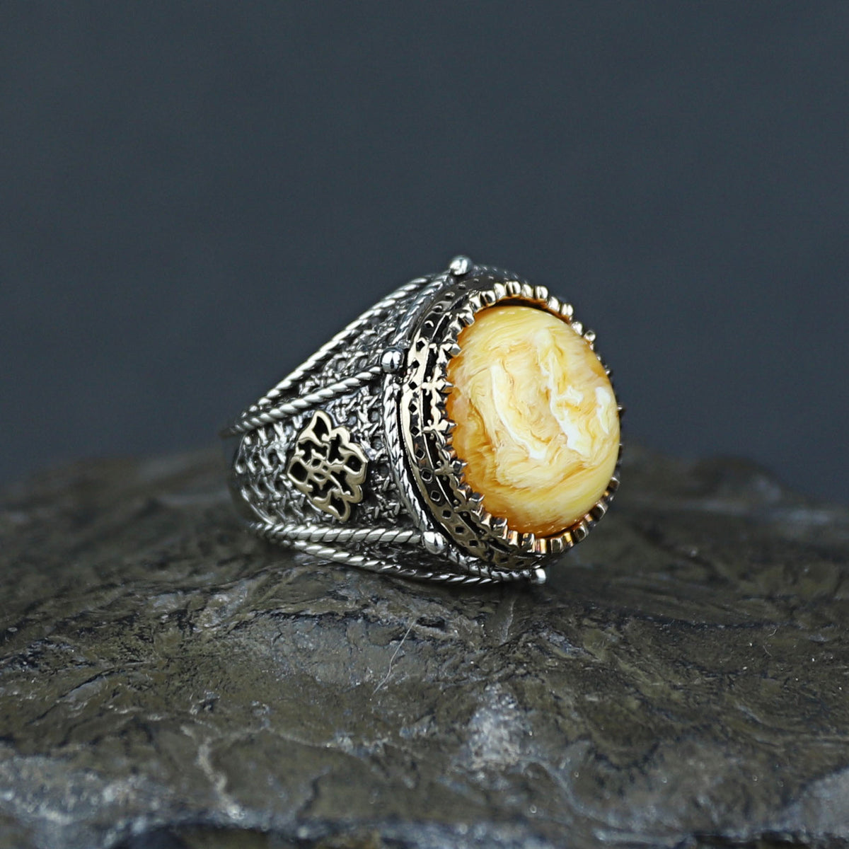 925 Silver Handmade Round Natural Yellow Agate Gemstone Ring