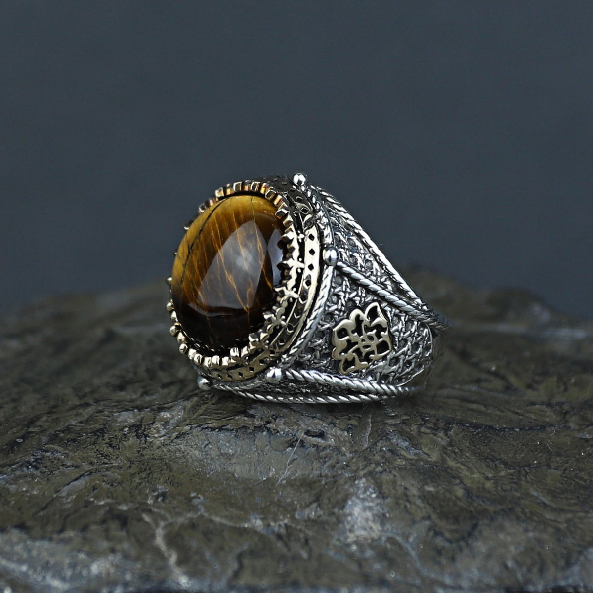925 Silver Men Handmade Round Tiger Eye Gemstone Ring