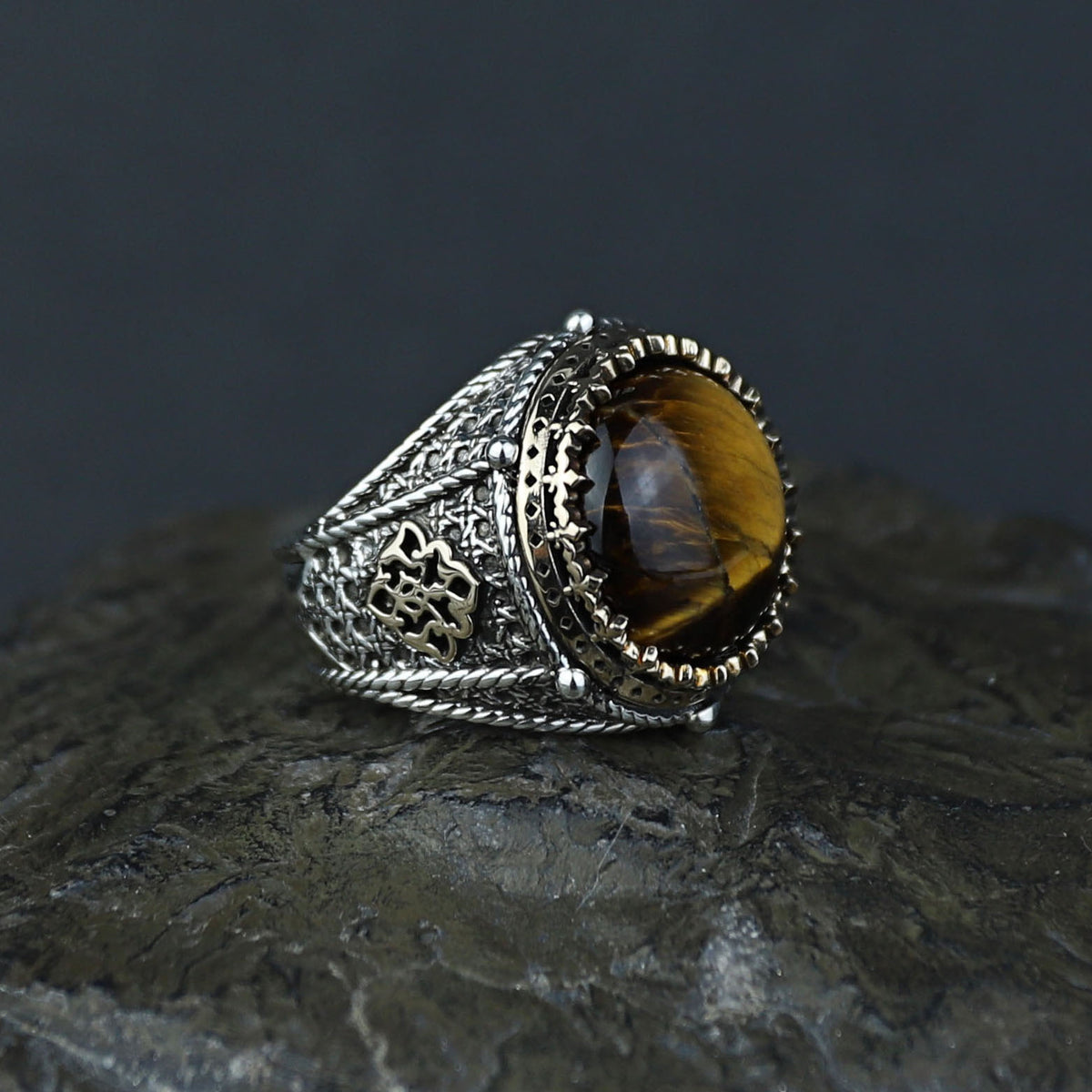 925 Silver Men Handmade Round Tiger Eye Gemstone Ring