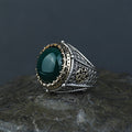 Men Turkish Handmade Round Green Agate Gemstone Ring