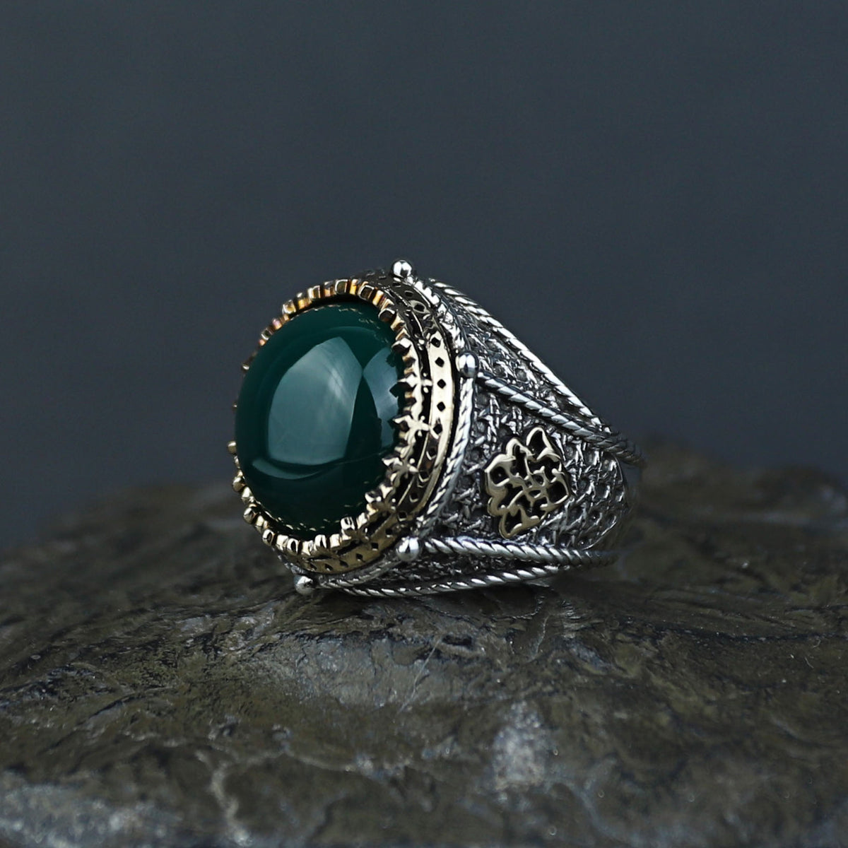 Men Turkish Handmade Round Green Agate Gemstone Ring