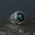 Men Turkish Handmade Round Green Agate Gemstone Ring