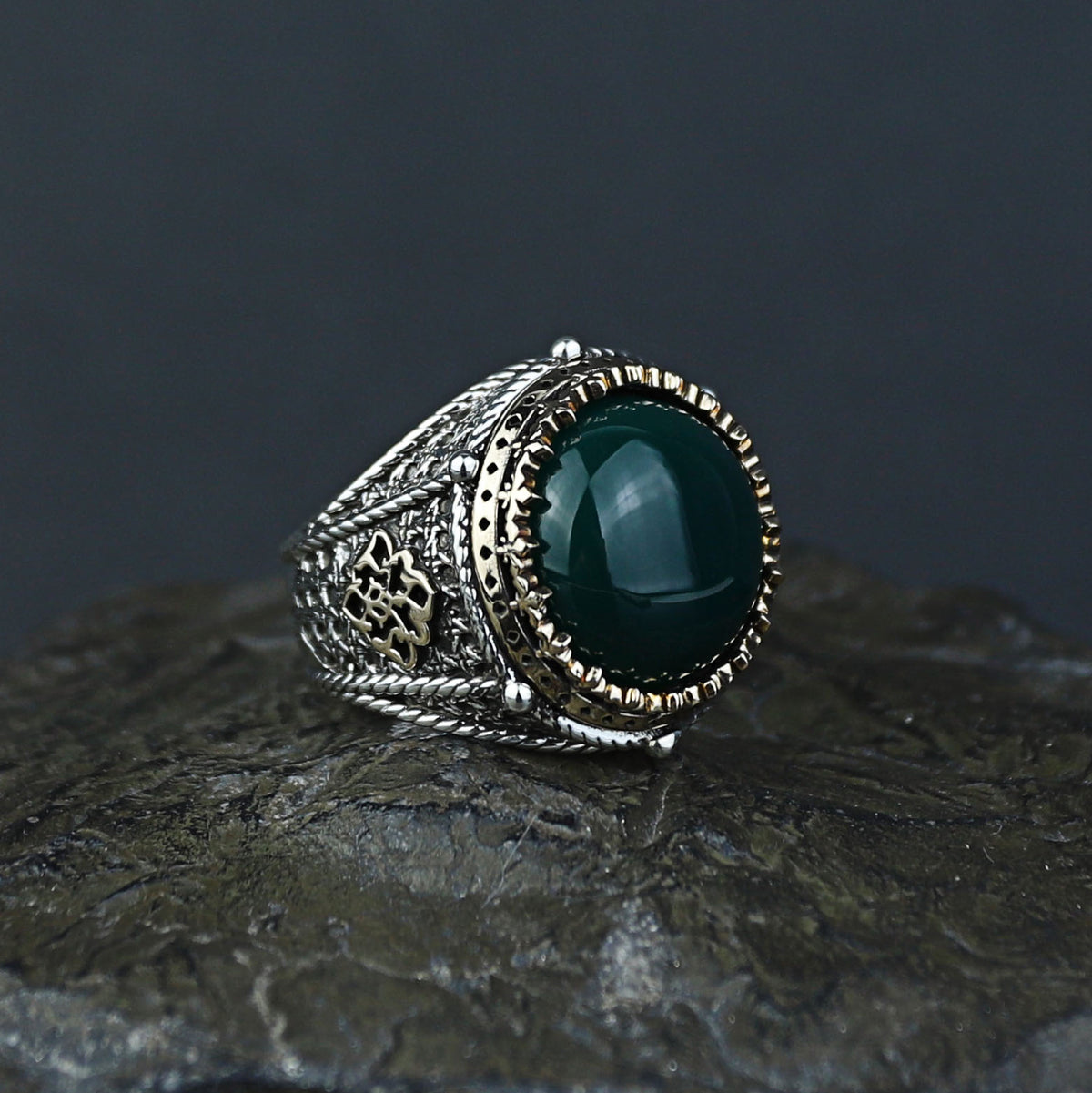 Men Turkish Handmade Round Green Agate Gemstone Ring