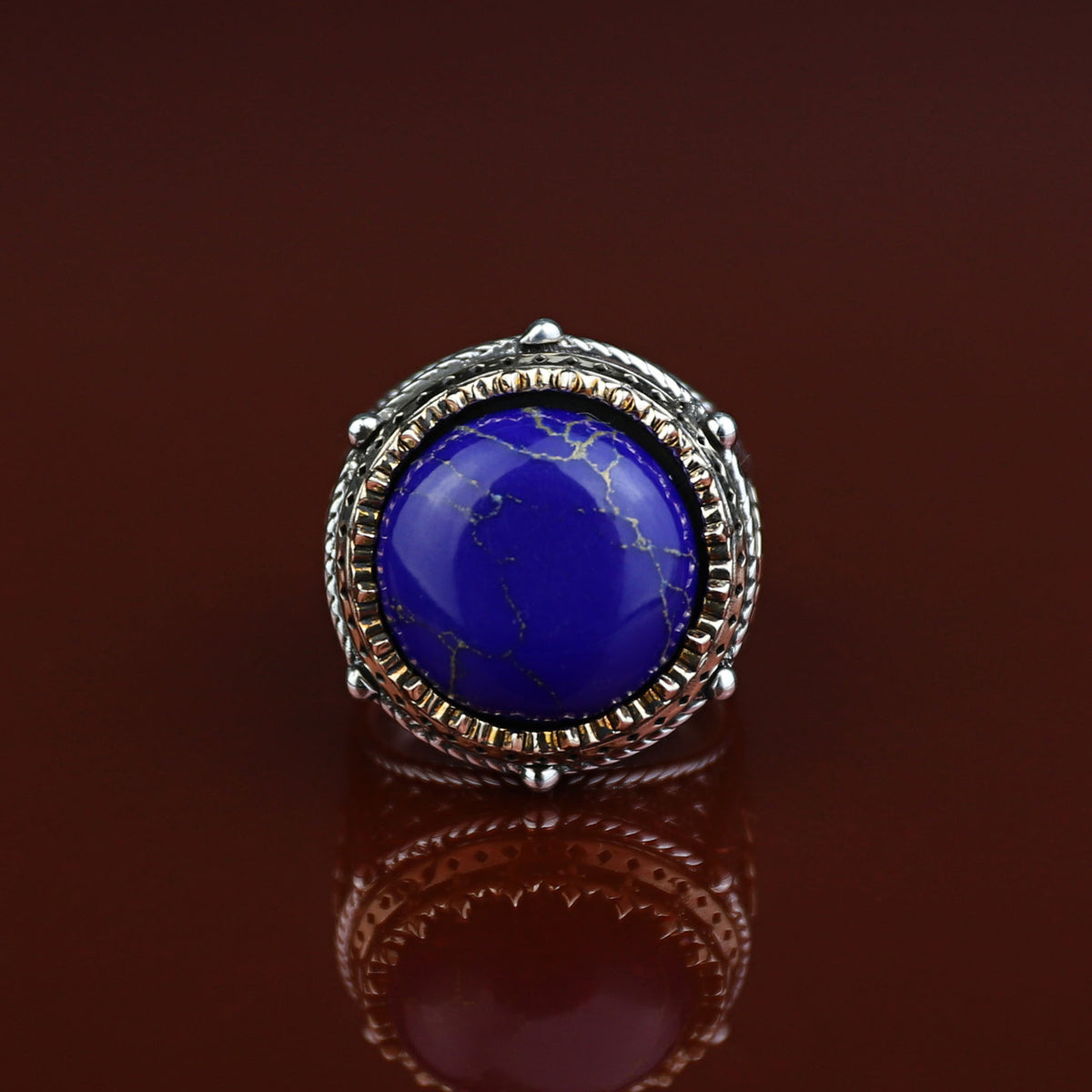 925 Sterling Silver Round Natural Lapis Lazuli Ottoman Style Ring