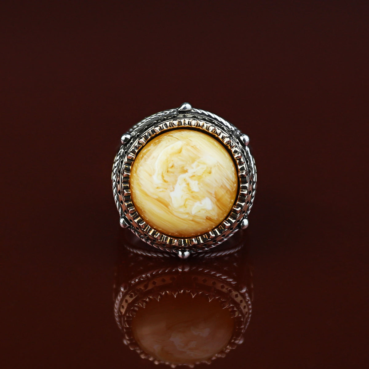 925 Silver Handmade Round Natural Yellow Agate Gemstone Ring
