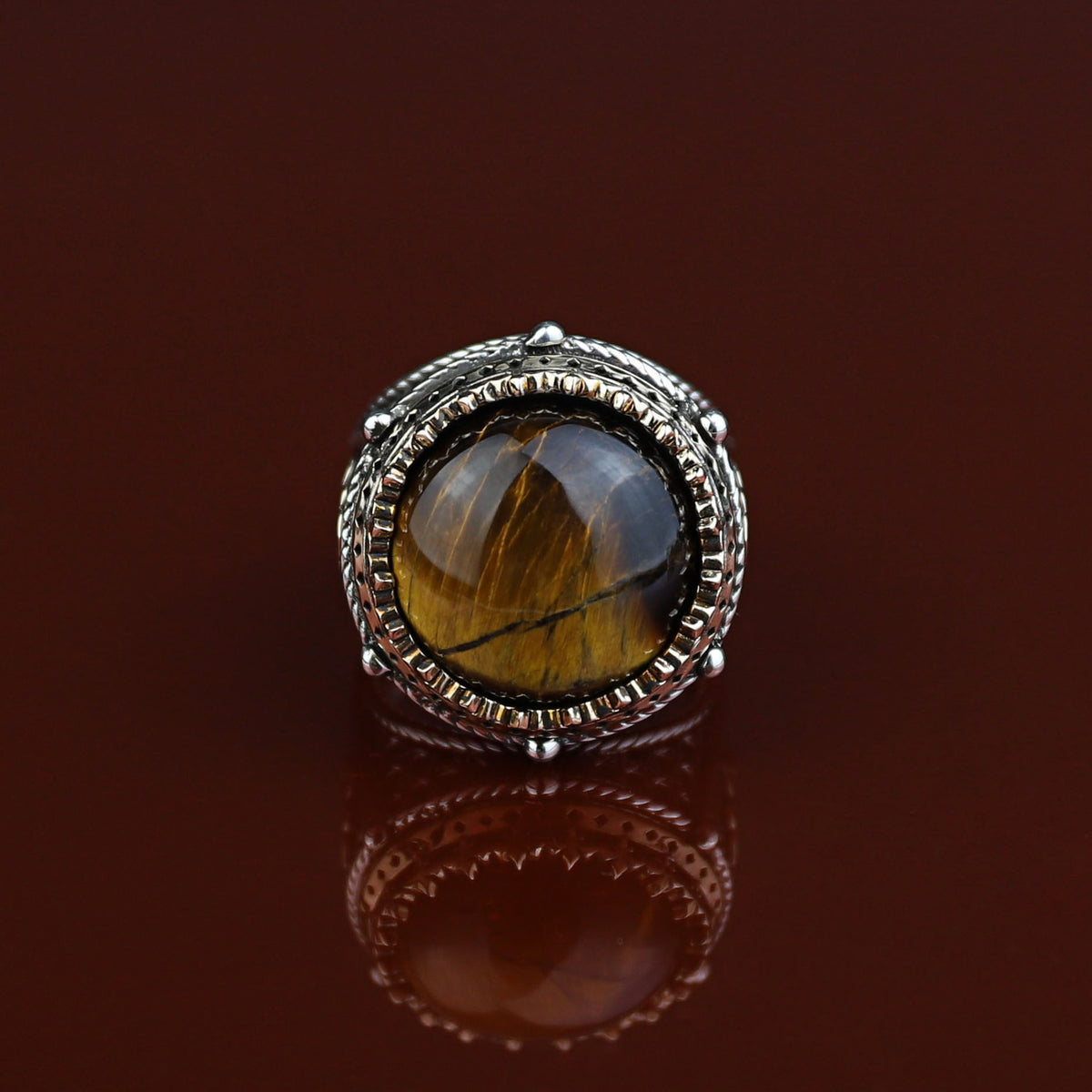 925 Silver Men Handmade Round Tiger Eye Gemstone Ring