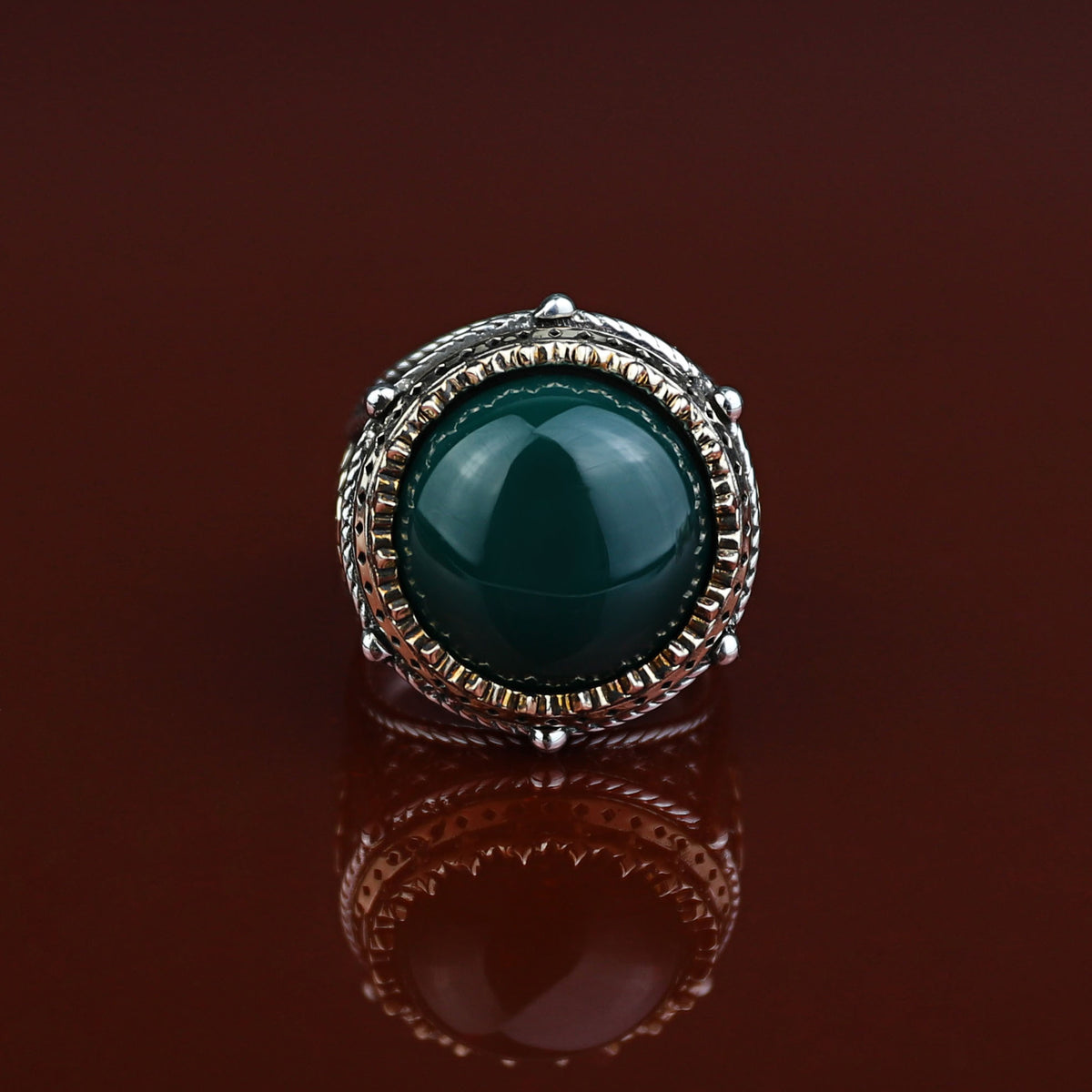 Men Turkish Handmade Round Green Agate Gemstone Ring