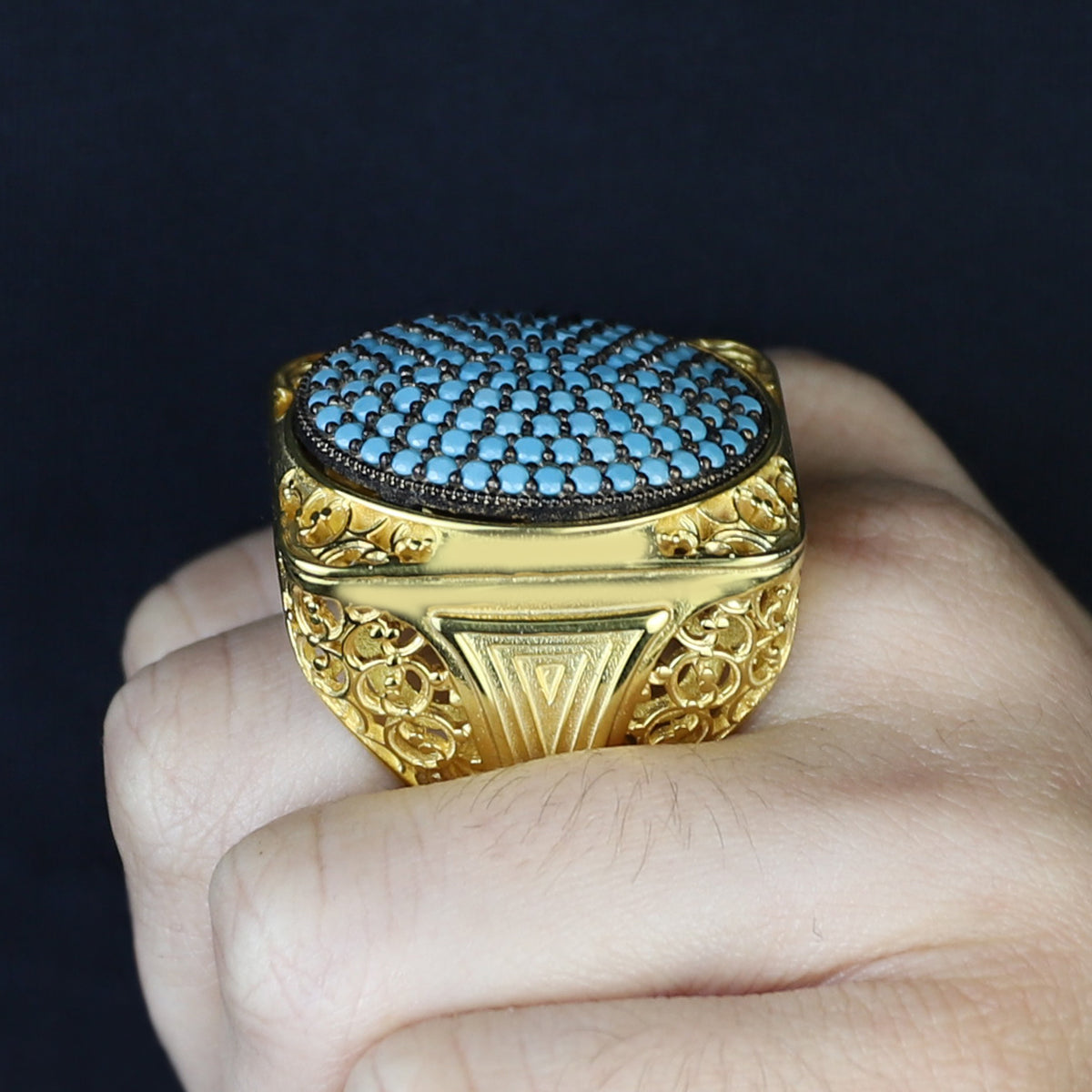 925 Silver Men Handmade Large Gold Turquoise Ring