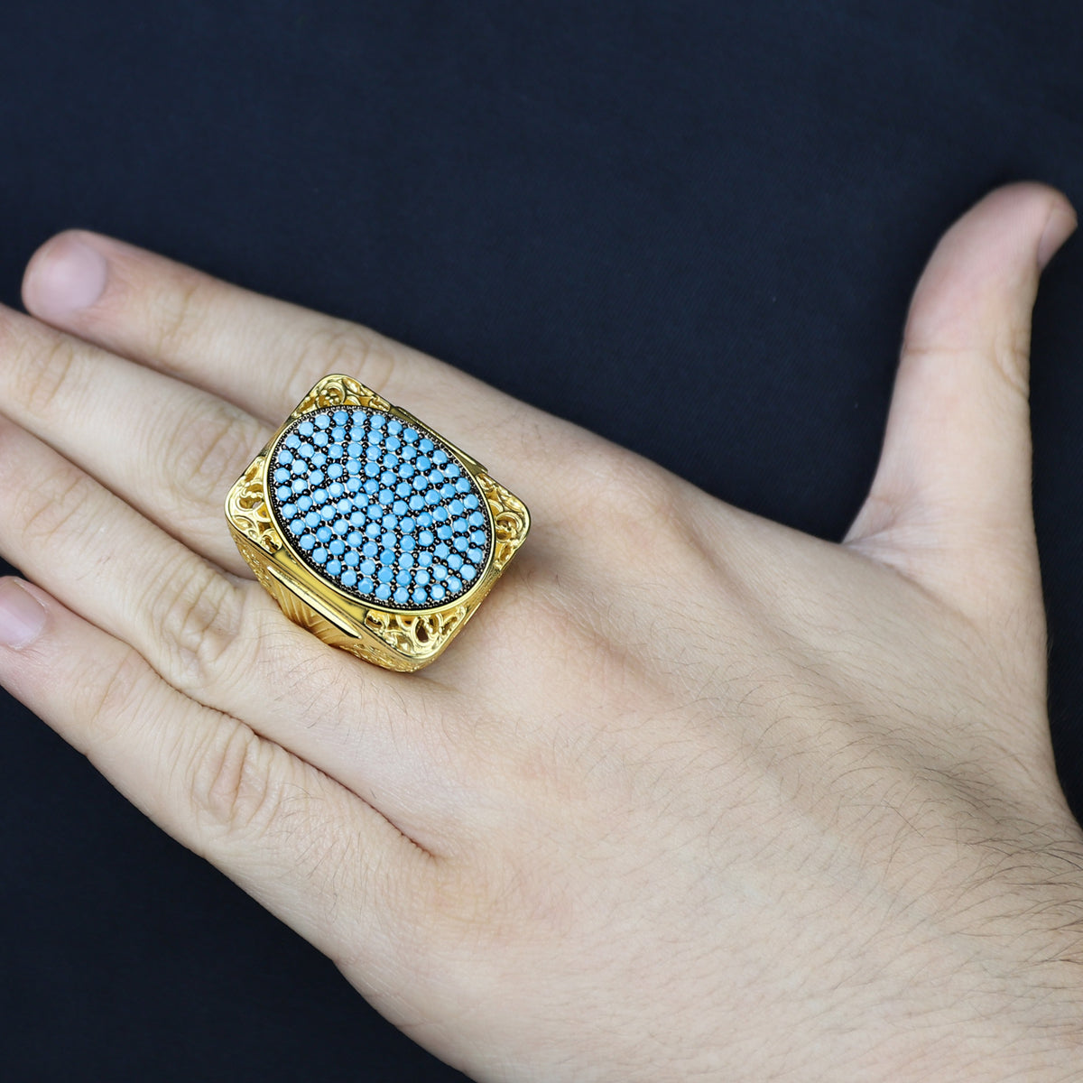 925 Silver Men Handmade Large Gold Turquoise Ring