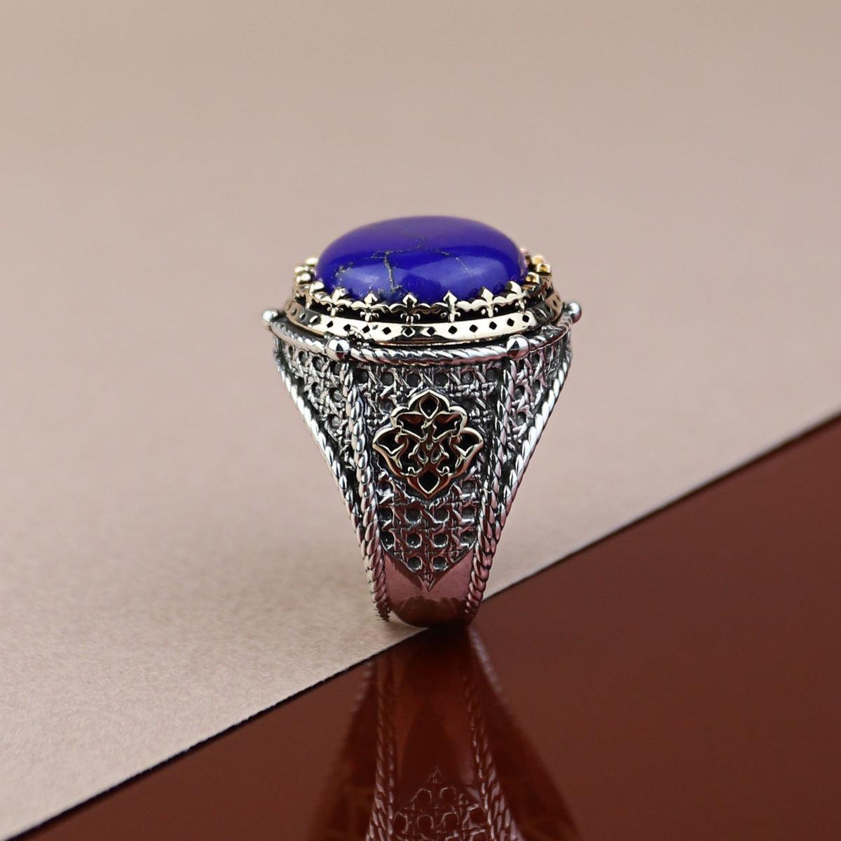 925 Sterling Silver Round Natural Lapis Lazuli Ottoman Style Ring