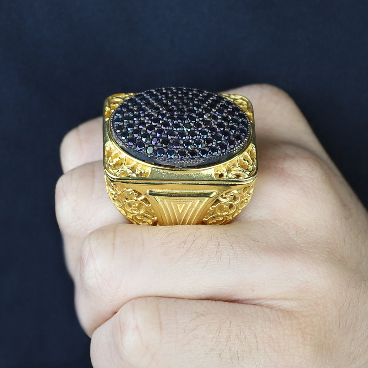 Men Handmade Silver Large Gold Onyx Gemstone Ring