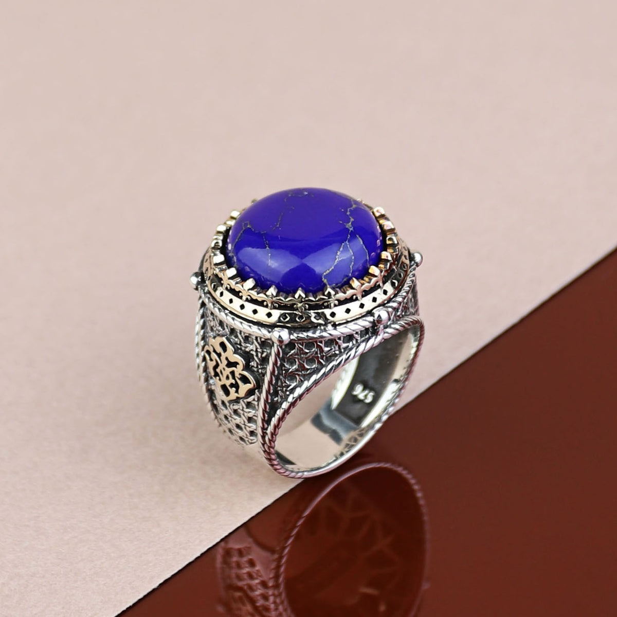 925 Sterling Silver Round Natural Lapis Lazuli Ottoman Style Ring