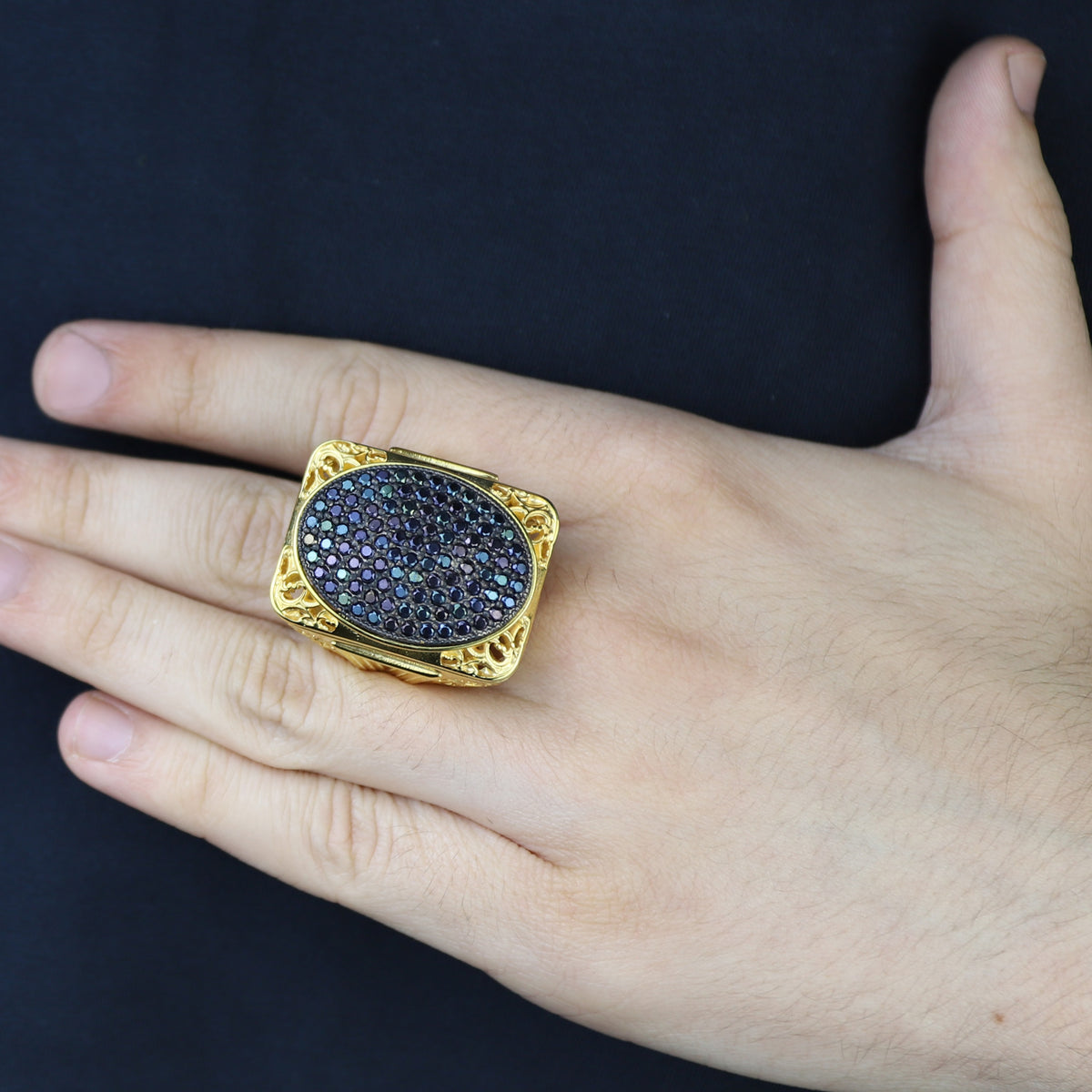 Men Handmade Silver Large Gold Onyx Gemstone Ring