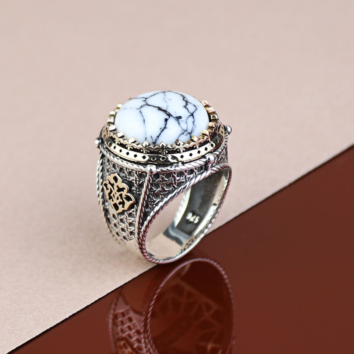 925 Sterling Silver Round Buffalo Turquoise Ottoman Style Ring