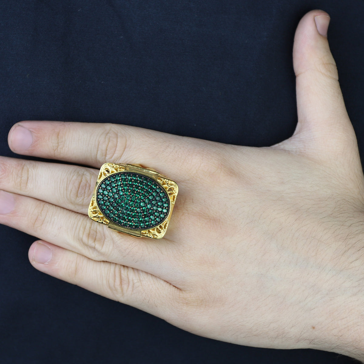 Men Handmade Gold Large Emerald Gemstone Ring